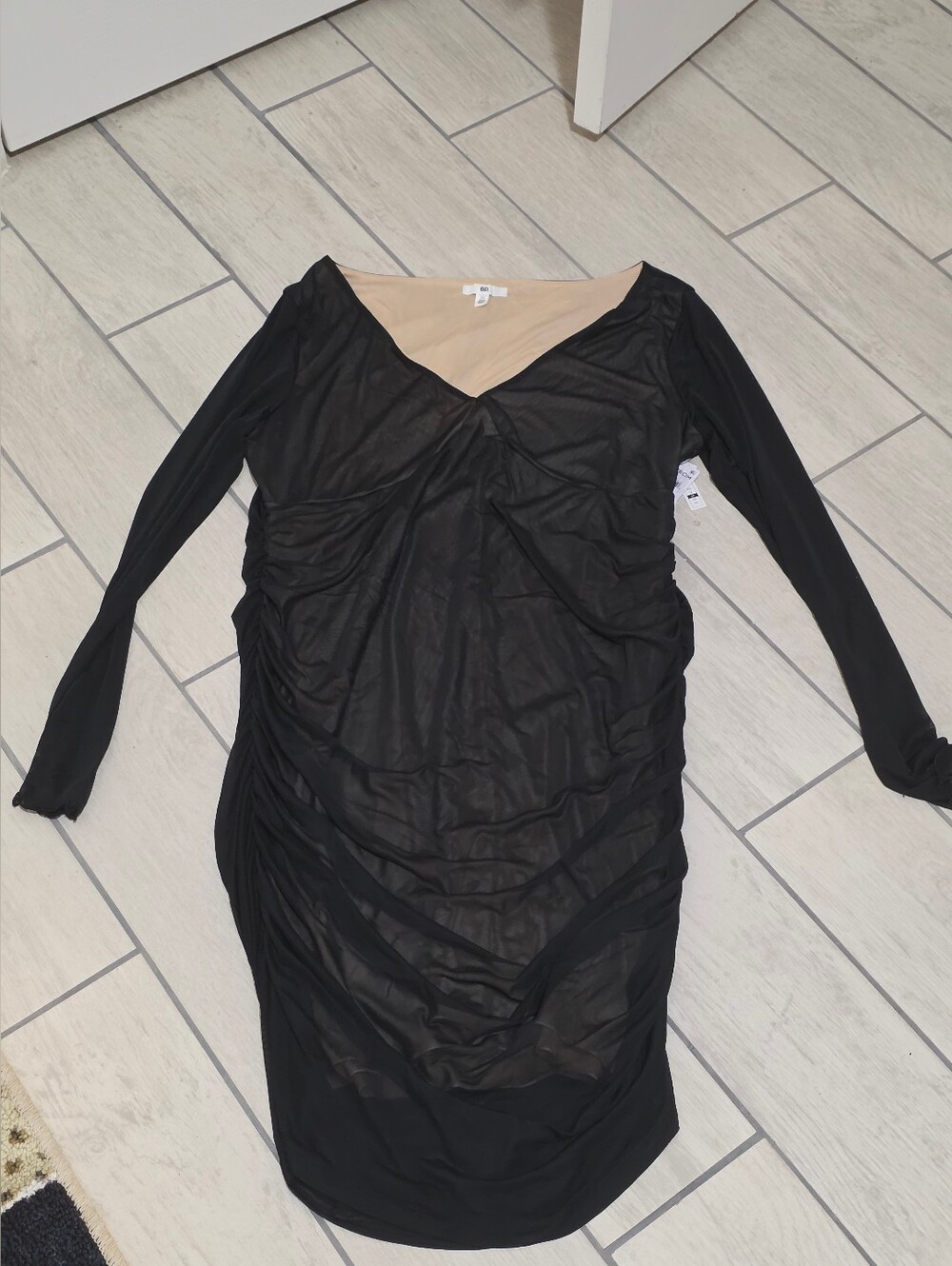 bp Black Ruched Long-Sleeve V-Neck Sheer Overlay Dress